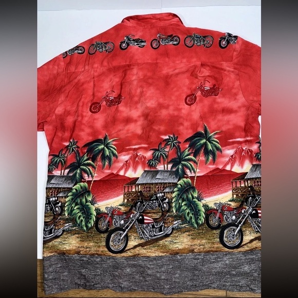 Ky's Red Harley Motorcycle & Palm Trees Hawaiian Button Down Large USA Hawaii - Picture 9 of 9